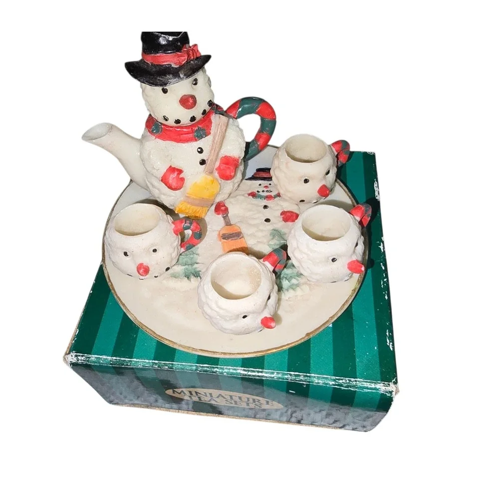 Snowman Miniature Tea Set Christmas Holiday Decor 6-Piece Ceramic Set Snowman